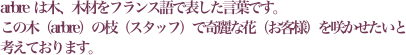arbre  は木、木材をフランス語で表した言葉です。
この木（arbre）の枝（スタッフ）で奇麗な花（お客様）を咲かせたいと
考えております。